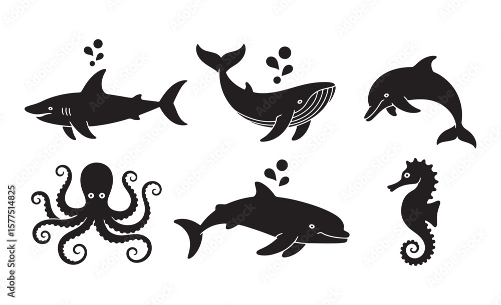 Obraz premium Collection of stylized black silhouettes of marine animals