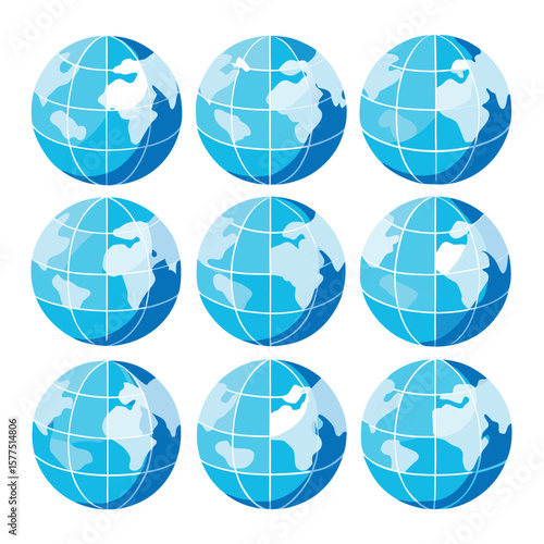 Nine stylized blue globes with continents depicted in a flat graphic design style silhouette