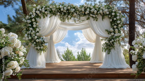 Romantic Outdoor Wedding Ceremony: Floral Arch Backdrop with Roses and Drapery