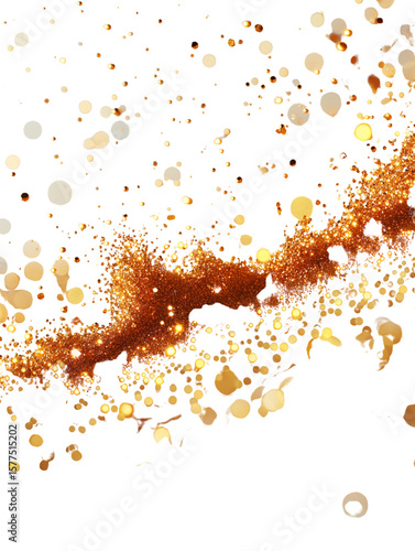 Gold glitter splash with scattered confetti on white background for festive design and modern art projects