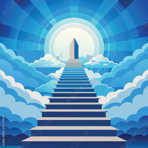 Ascending stairway to heavenly gate through clouds under radiant blue sky with sun rays silhouette