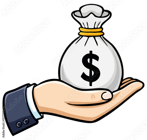 Hand holding a bag of money clipart illustration