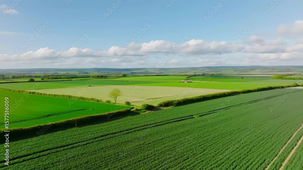 Aerial View of Vibrant Green Agricultural Fields Under Blue Sky with Fluffy Clouds Aerial View of Vibrant Green Agricultural Fields Under Blue Sky with Fluffy Clouds