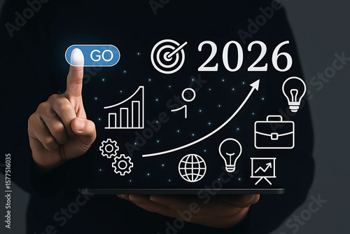 Futuristic Business Launch Concept Featuring Digital GO Button with Innovation Icons for 2026 Strategy and Growth