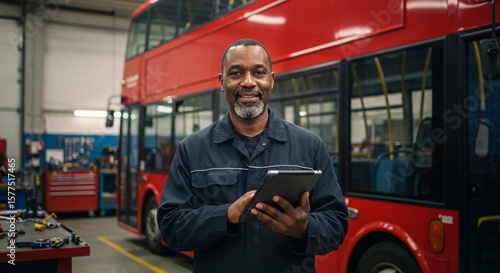 Bus mechanic using tablet for maintenance and repair of double decker buses