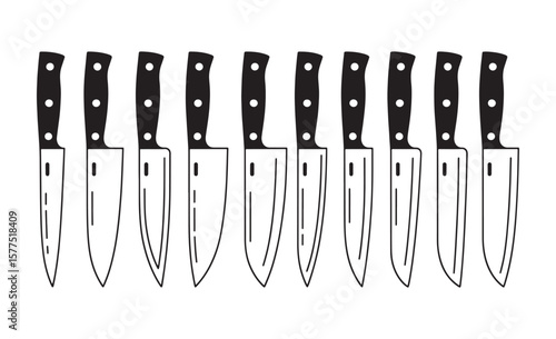 Collection of black and white chef knives with riveted handles