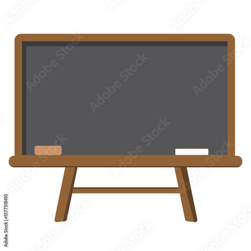 Horizontal blackboard with wooden frame and short legs, chalk and eraser, isolated on white background, ideal for education, presentation, and decoration.