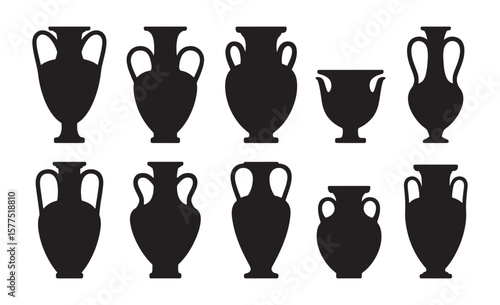 Collection of black silhouettes of ancient greek amphorae and vases