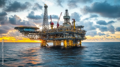 Offshore Oil Rig Platform at Sunset: Extraction, Energy, Industry