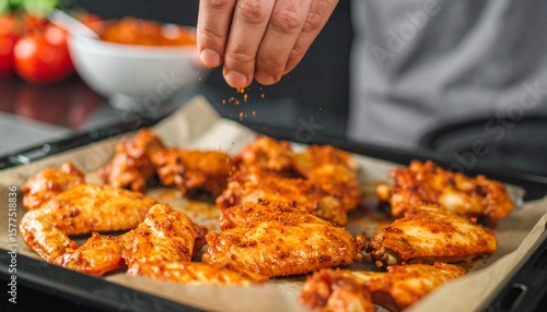 Seasoning Chicken Wings A Close-Up of Cooking with Chili Powder for Delicious Flavor and Perfect Texture