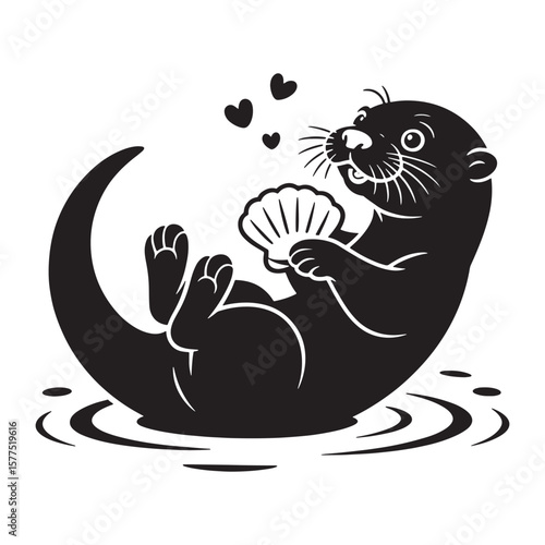 Adorable black silhouette of a happy otter floating and holding a seashell