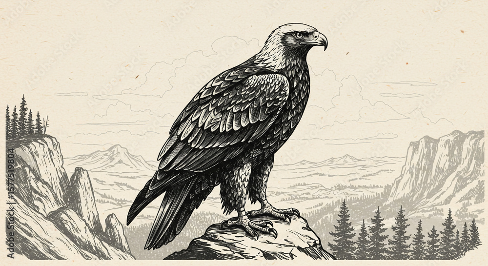 Fototapeta premium Eagle drawing illustration of bird of prey on mountain peak wildlife art