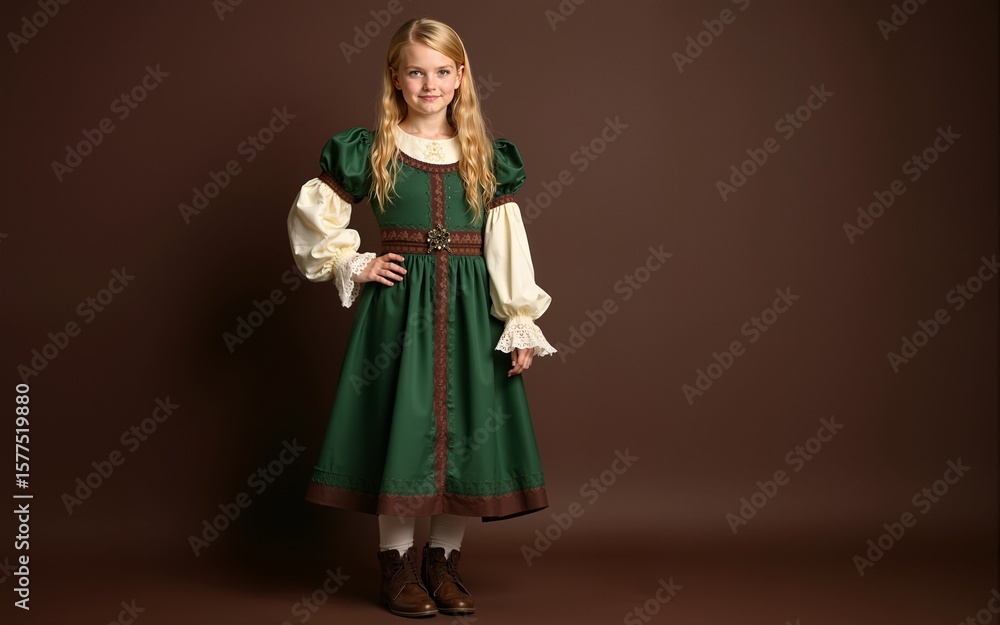 Fototapeta premium Full length portrait of a blonde girl in a green and brown medieval costume against a dark brown background with ample empty copy space for text. High quality