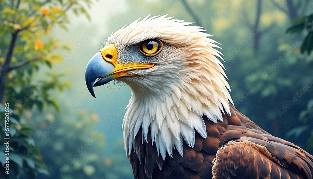 Fototapeta premium Majestic bald eagle portrait in a serene forest, showcasing its powerful gaze and detailed plumage against a natural backdrop.