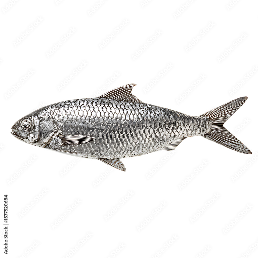Fototapeta premium Detailed silver fish sculpture with intricate scales isolated on transparent background