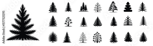 Pine Tree Silhouette Vector Design Set, High resolution black pine tree silhouette bundle featuring 22 nature-inspired shapes for logo, camping, sticker, shirt print, poster and outdoor scenes.
