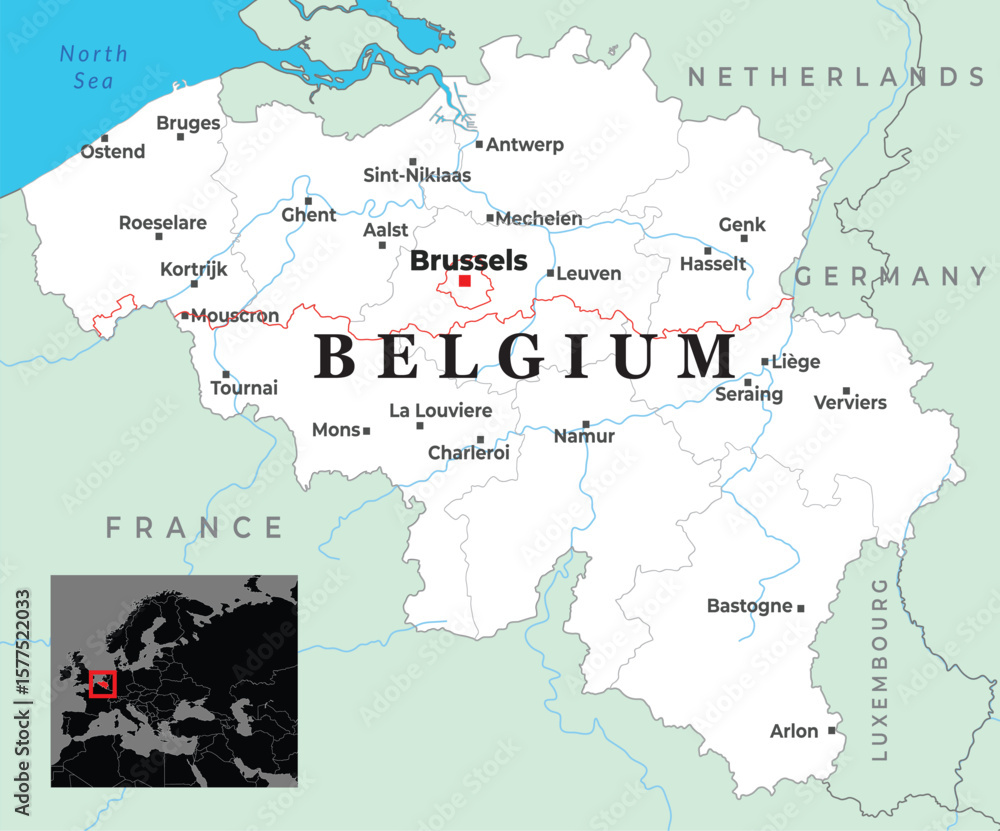 Fototapeta premium Map of Belgium showing major cities, borders with neighboring countries, and its placement in Western Europe