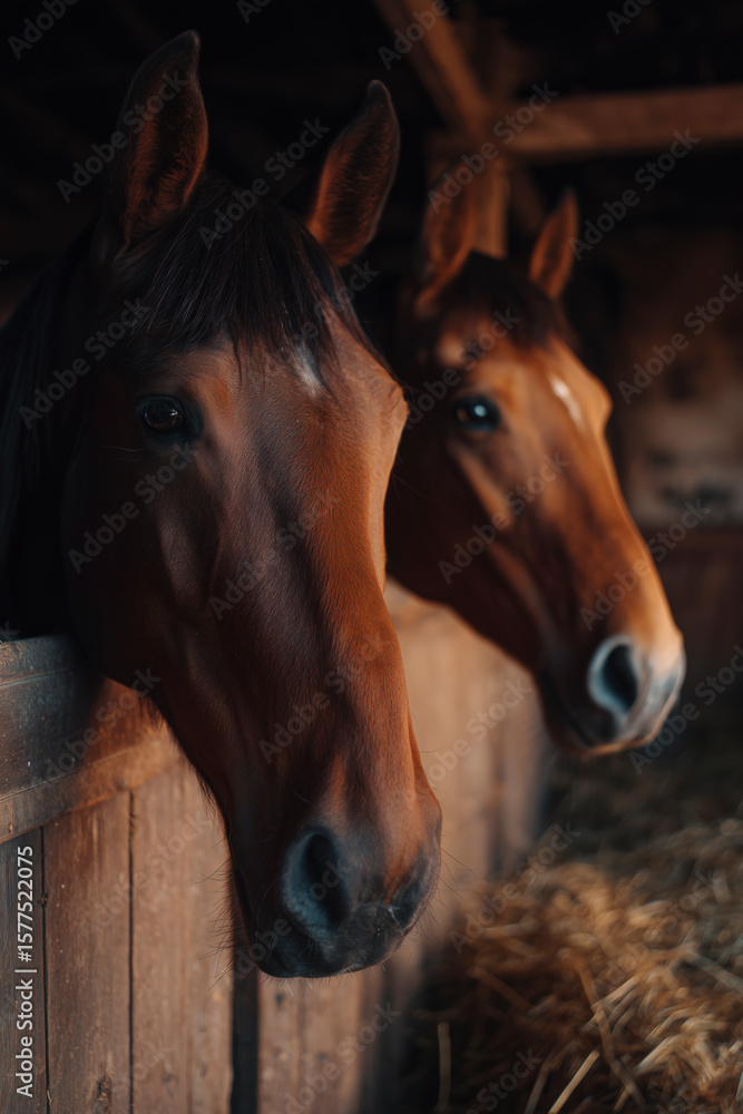 Fototapeta premium Two horses stand in a dim barn, their brown coats illuminated by soft light. Peaceful equine portrait.