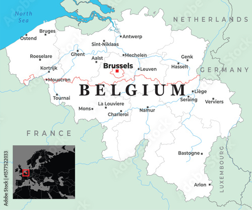 Map of Belgium showing major cities, borders with neighboring countries, and its placement in Western Europe