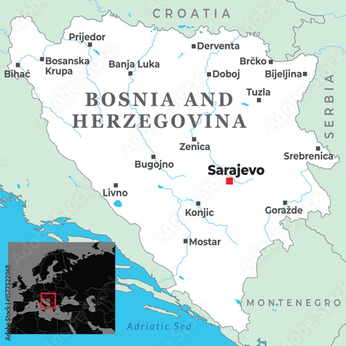 Map of Bosnia and Herzegovina showing major cities, nearby borders, and Adriatic coastal access within Southern Europe.