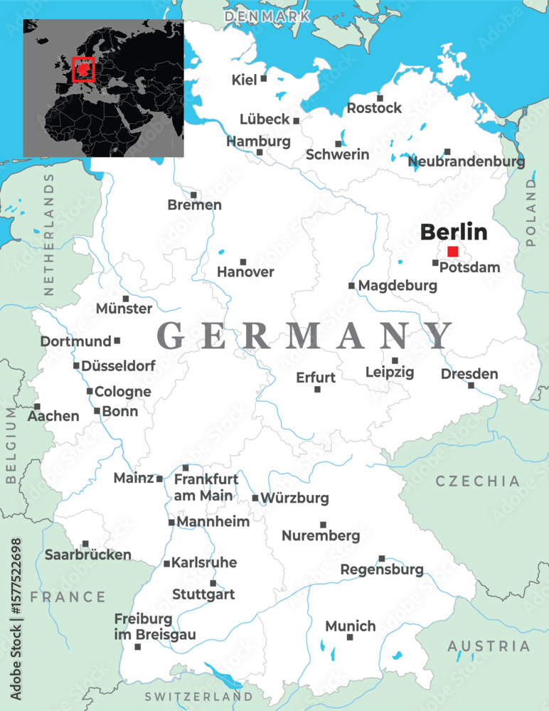 Obraz premium Political map of Germany featuring major cities, borders with neighboring countries