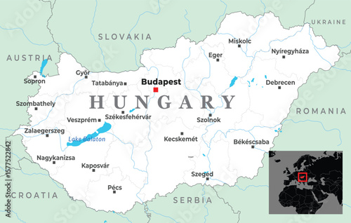 Political map of Hungary showing major cities, national borders, and its Central European location