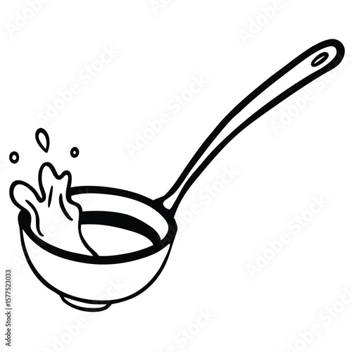 Simple line art illustration of a kitchen ladle pouring a stream of rich brown gravy perfect for food service or culinary themes