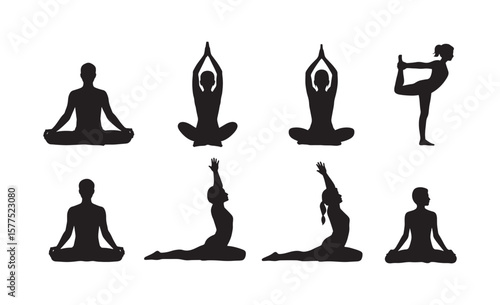 Diverse yoga poses silhouettes for wellness and fitness