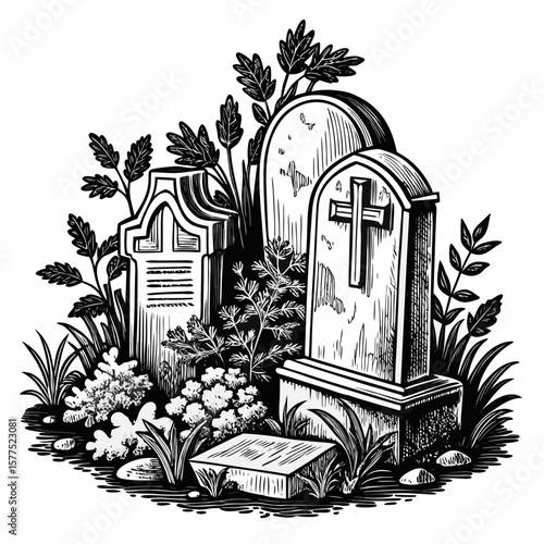 Vintage black and white sketch of a cemetery with gravestones and floral arrangements