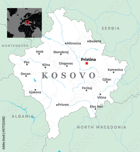 Political map of Kosovo displaying major cities, borders with Serbia, Montenegro, Albania, and North Macedonia, and its European location