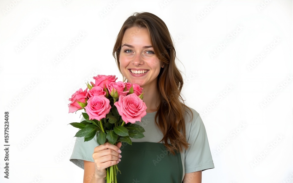 Young Florist Holding Pink Roses Against a White Background Capturing Freshness and Simplicity in Modern Stock Photography. High quality Young Florist Holding Pink Roses Against a White Background Capturing Freshness and Simplicity in Modern Stock Photography. High quality