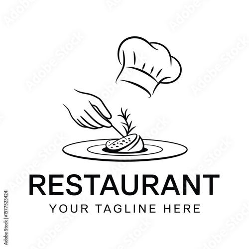 Elegant restaurant logo featuring chef's hat hand garnishing plate with modern design element