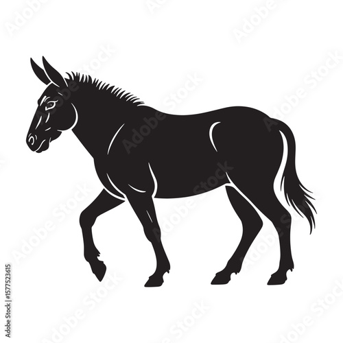 Silhouette of a donkey walking with its head turned to the left