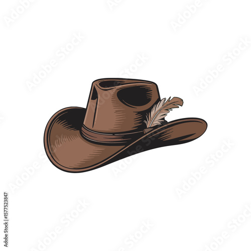 A vector illustration of a classic brown cowboy hat against a solid white background. The hat is crafted from worn leather with subtle stitching details and a slightly upturned brim.