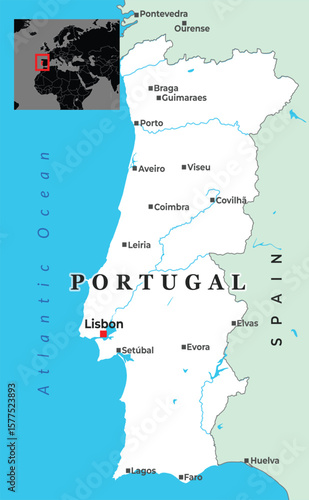 Political map of Portugal highlighting major cities, bordering Spain, and its western coastline along the Atlantic Ocean, with an inset showing its location in Europe