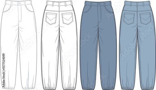 Elastic hem jeans flat sketch, front and back view, denim pants design, fashion template, casual wear, vector clothing illustration.