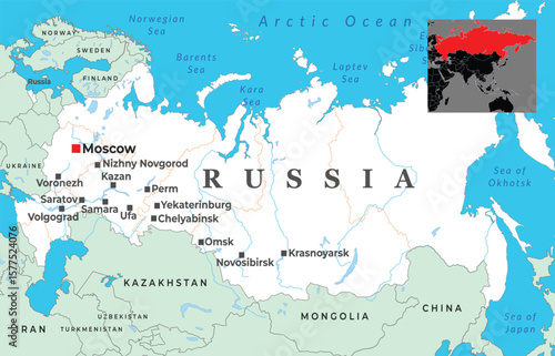 Political map of Russia displaying major cities, surrounding seas, neighboring countries, and its expansive geographical presence across Europe and Asia