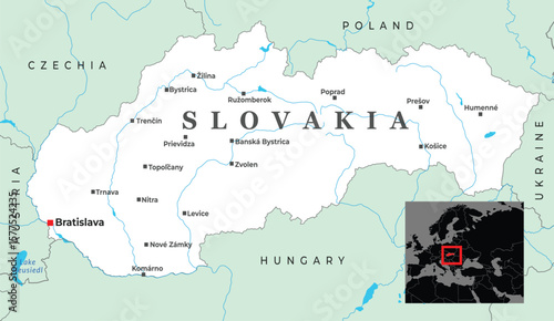 Political map of Slovakia showing major cities, surrounding borders with neighboring countries, and its geographical placement within Central Europe