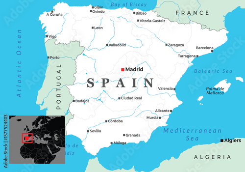 Political map of Spain displaying major cities, surrounding seas, bordering countries, and its geographic location within Europe