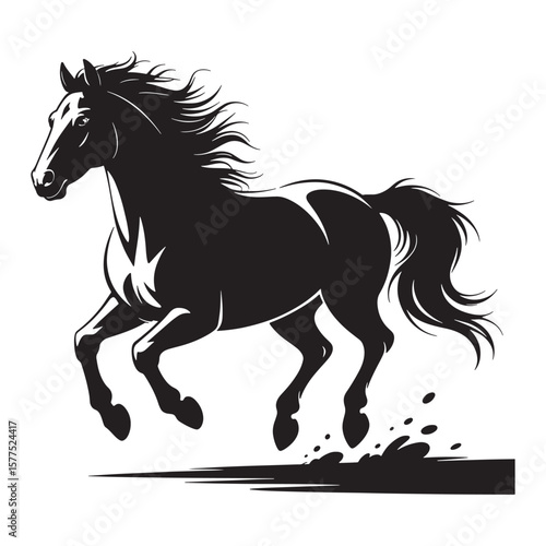 Dynamic black silhouette of a horse galloping with flowing mane