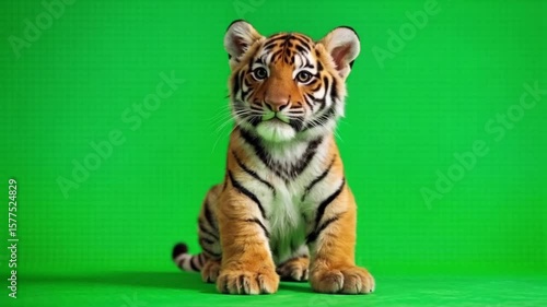 Portrait of a cute tiger cub sitting upright against a green background looking at the viewer green screen animal video