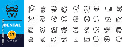 Dental care teeth icons set vector illustration oral health dentistry symbols collection black outline style medical design