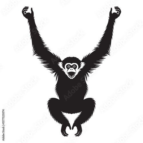 Black silhouette of a gibbon hanging with arms outstretched and mouth open
