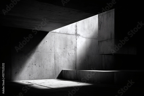 Monochrome concrete architectural space featuring an interesting light display and volumetric features.