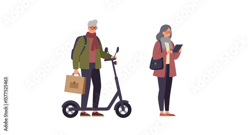 Elderly man riding electric scooter while woman using tablet  