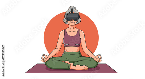 Elderly woman meditating in virtual reality headset on yoga mat  