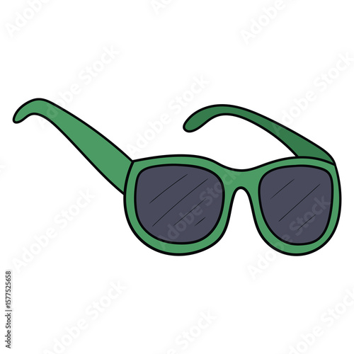 Hand drawn cartoon green sunglasses on white background.