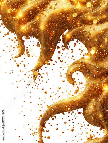 Dynamic golden liquid splash with bubbles and glittering texture on white background, ideal. Transparent PNG. luxury branding and festive design projects