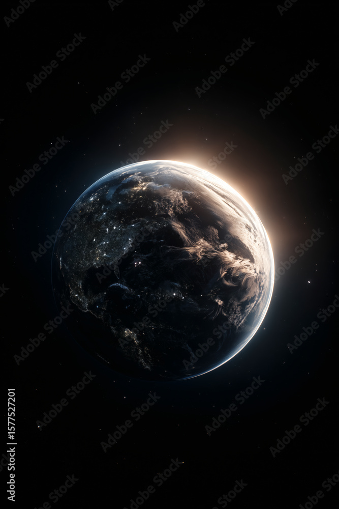 Fototapeta premium Detailed planet view featuring city lights and cloud formations, illuminated by the glow of sunrise.