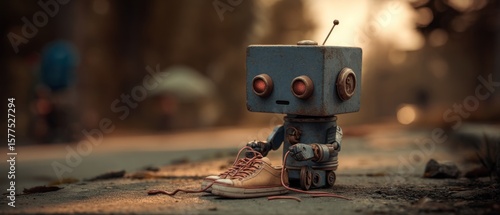 Photo of a forlorn vintage robot sits beside a discarded shoe on a sunlit street, evoking a sense of abandonment and lost connection